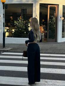 Senya 复古格纹长袖短款休闲针织衫，小翻领修身性感秋季服装，返校季必备，新款机场时尚上衣 - 藏蓝色 - 查看 4