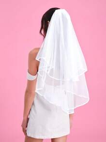 1pc Bridal Double-Layer Veil With Edging, Romantic Wedding Headdress Accessary, Suitable For Wedding, Photoshoot, And Formal Parties