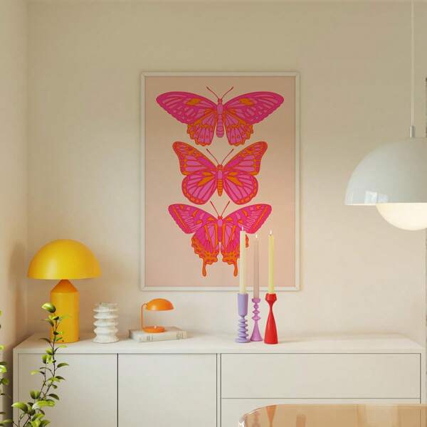 1pc, Pink Orange Butterfly Wall Art Preppy Room Decor For Teens, Cute Apartment Decor Maximalist Wall Art, Funky Art Print Aesthetic Room Decor 20*28in Unframed