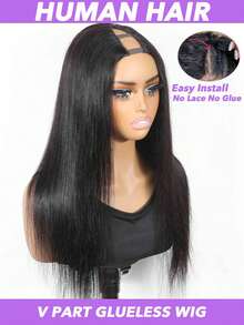 V 型假发直发人发假发无胶假发升级版 U 型假发无需系带，适合女士 V 型半截假发 150% 200% 密度自然黑色 8-30 英寸直发假发 - Natural Black - 查看 2