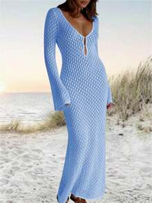 Womens Crochet Maxi Cover Up Dress Long Sleeve Bodycon Summer Swimwear Beach Knit Dresses - 藍色 - 查看 2