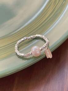 A Pure Silver Broken Silver Natural Pearl Ring For Women's Lucky Hang Tag Elastic Rope Ring - Silver - View 9