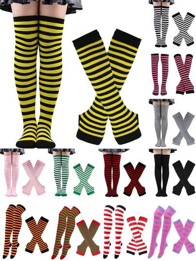 1 par de calcetines de muslo altos a rayas de Navidad para mujer + guantes sin dedos, calcetines de unicolor, adecuados para citas, fiestas, carnavales, cosplay, accesorios, calentadores de brazos, calcetines de muslo alto, estilo Y2K, cómodos