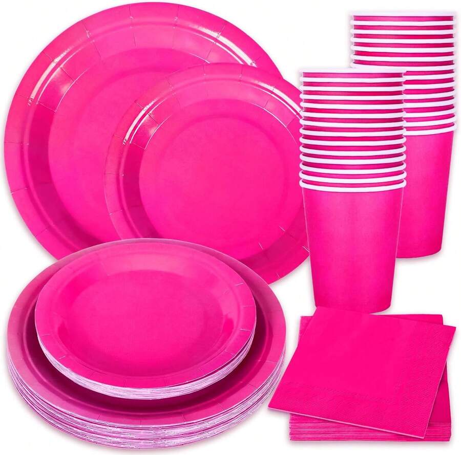 100Pcs Hot Pink Pa Rty Supplies Set Disposable Party Dinnerware Sets 50Pcs Paper Plates 25Pcs Napkin 25Pcs Cups For Wedding Birthday Party Supplies Table Decorations - 玫紅色 - 查看 1