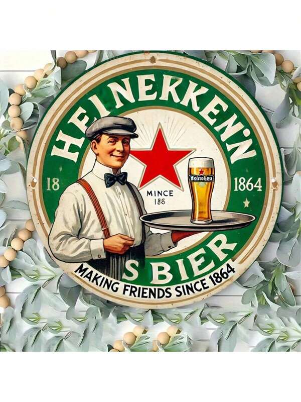 1 Stück 2D flaches "Freunde seit 47,35 Metern" Vintage Bier Metallschild, 8 Inch rundes Wandkunstdekor, Retro Grün und Gold Farbe, geeignet für Bars, Restaurants, Cafés, Männerhöhlen und Heimdekoration, zufälliger Montagelochstil