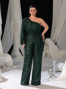 单肩亮片连体裤，灯笼袖设计，配有可调节腰带和阔腿裤 | 奢华魅力正式设计 | 完美适用于婚礼、晚宴、派对招待会和高端庆典 | 圣诞节配套服装