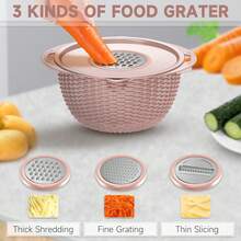 Juego de colador con recipiente - 4 en 1 Colador de alimentos con ralladores y cucharas - Coladores para cocina - Coladores y coladores - Limpiador de frutas con colador para pasta, arroz y verduras, color rosa - Rosa Pálido - Ver 5