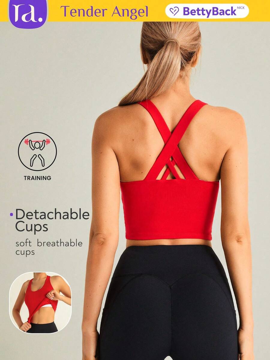 Tender Angel New Yoga Camisole Sports Bra, Cross Back Plunge High Elasticity Activewear - Red - View 1