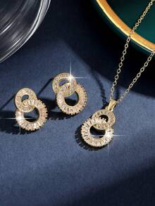 1set/3pcs New Roman With 8-Shaped Numeral Earrings Gold Plated Color Luxury Cubic Zirconia Necklace Earring Set Female Charm Jewelry Gift For Daily Wear And Festivals - Yellow Gold - View 7