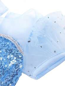 女童蓝色亮片拼接多层薄纱泡泡袖连衣裙，搭配皇冠、魔法棒、雪花项链和手链配饰，休闲连衣裙，适合外出、聚会、生日派对和其他活动。 - 藍色 - 查看 4