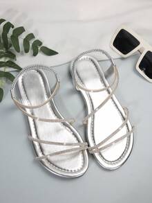 女士夏季新款露趾绑带交叉松紧带平底凉鞋，欧美风格，沙滩装扮 - 銀色 - 查看 8