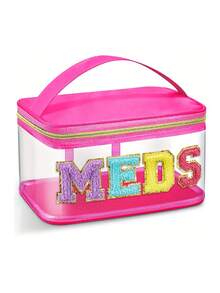 1 pièce Sac de maquillage minimaliste de couleur unie, imprimé de lettres en chenille, organisateur de voyage et de dortoir pour femmes, grande capacité, imperméable et portable, excellent cadeau pour maman, accessoire de voyage, trousse de maquillage multifonctionnelle pour les fêtes, fournitures scolaires, étui à cosmétiques, organisateur de cosmétiques, cadeau d'hiver pour elle - Multicolore - Voir 11