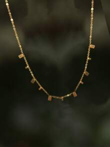 Nooxian 1pc Fashionable Stainless Steel Necklace For Women, Minimalist Geometric Cube Tassel Pendant Sweater Chain (Pendant Quantity Random) - Yellow Gold - View 4