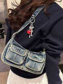 时尚复古女士单肩包，百搭优质腋下包，小众风格牛仔手提包带吊坠