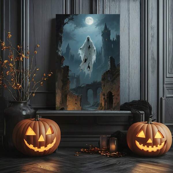 1 Piece,Ghosts And Spirits In Ancient Castles , Halloween Modern Frameless Art Decoration Painting, Printed Posters Mural, Waterproof Canvas,Suitable For Home, Office, Bedroom, Living Room, Study, Bathroom, Bar, Wall Arts And Home Decoration, Is An Ideal Holiday Gift Halloween Decor Fall Decor Room Decor