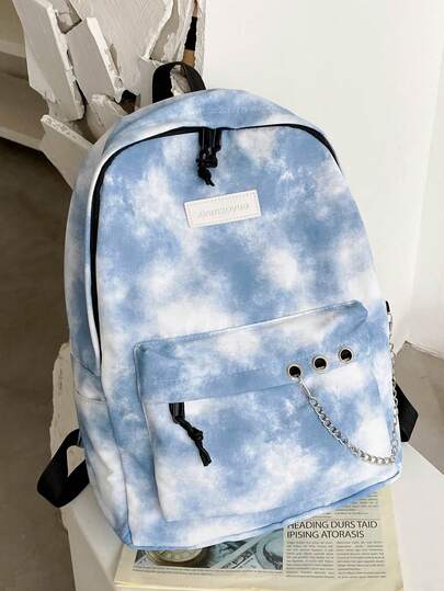 多功能扎染背包，容量大，链条装饰，多个口袋，适合学校、校园、旅行和度假