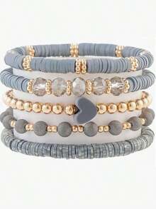 5pcs/Set Elegant Gray Soft Ceramic Heart Bead Multi-Layer Bracelet Set, Artificial Crystal Elastic Bracelet, Suitable For Ladies Daily Wear, Dating, Party, Mother's Day, Friendship Bracelet - 彩色 - 查看 1