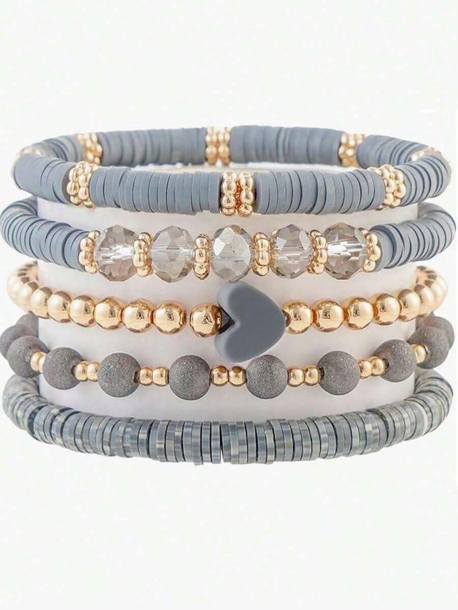 5pcs/Set Elegant Gray Soft Ceramic Heart Bead Multi-Layer Bracelet Set, Artificial Crystal Elastic Bracelet, Suitable For Ladies Daily Wear, Dating, Party, Mother's Day, Friendship Bracelet - 彩色 - 查看 1