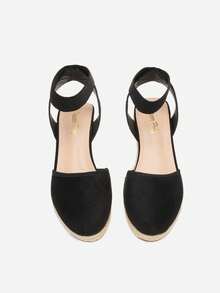 Women's Elastic Ankle Strap Espadrilles Wedge Sandals - Black - View 9