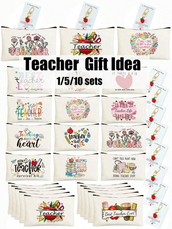 1/5/10pcs Teacher Theme Pattern Zipper Pouch Set With Hug Card & Apple Keychain, Floral, Star, Heart Pattern Stationery Cosmetic Makeup Bag, Multifunctional Pencil Case Travel Toiletry Organizer Gift Set With Thank You Card & Apple Decor Keychain, Rainbow Letter Teacher Theme Design Cosmetic Makeup Bagtravel Essentials For Vacation Summer Holiday Back To School School Stuff Bag For School Travel Bag For Women Makeup Bag For Travel