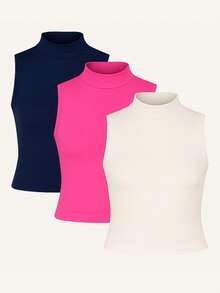 Kit 3 High Neck Blouse Suplex Basic Women's Casual Tank Top - 海軍藍/粉紅色/關閉 - 查看 1