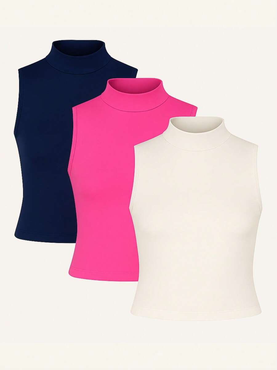 Kit 3 High Neck Blouse Suplex Basic Women's Casual Tank Top - 海軍藍/粉紅色/關閉 - 查看 1