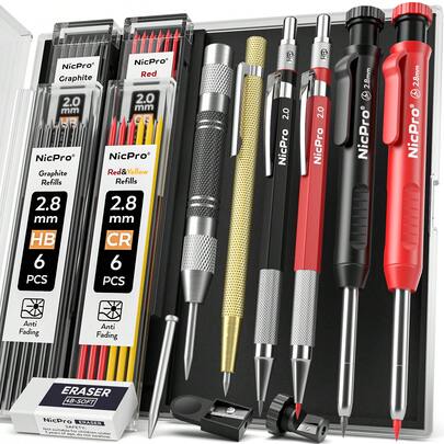 Nicpro 2 Pack Carpenter Pencils For Woodworking, Construction Mechanical Pencil With 100 Refill, Automatic Center Punch And Carbide Scribe Carpenter Tool, Construction Pencil For Carpenters Marking