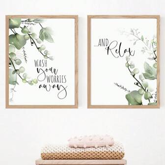 2 件/套，帆布挂画，植物帆布墙画绿桉树叶图片墙面装饰植物水彩浴室海报印刷厕所洗衣房洁净室家居装饰