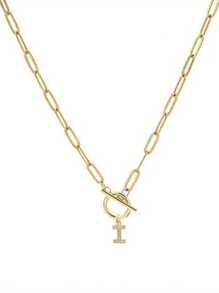 1pc Custom Gold Letter Necklace, Toggle Clasp Design, Sparkling Rhinestone Studded Initial Pendant, Unique Personalized Jewelry To Elevate Your Look, Perfect For Layering
