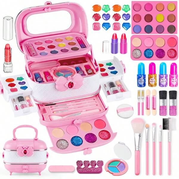 Maquillage lavable pour enfants - Kit de maquillage pour les filles, véritable set de maquillage, kit de maquillage pour les petites filles et les enfants. La position des couleurs des accessoires est aléatoire.