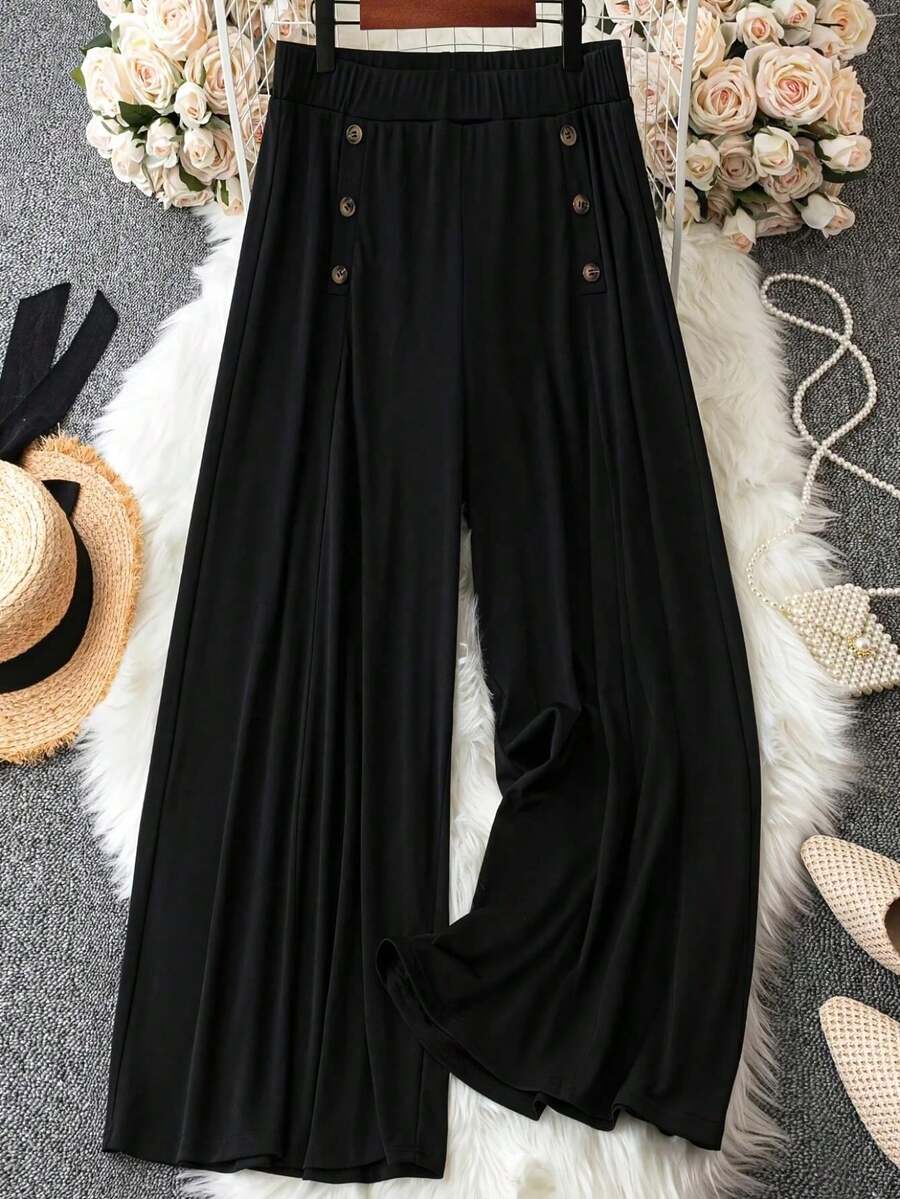 Pantaloni casual cu efect de drapat și nasturi în față - Negru - Vizualizare 1