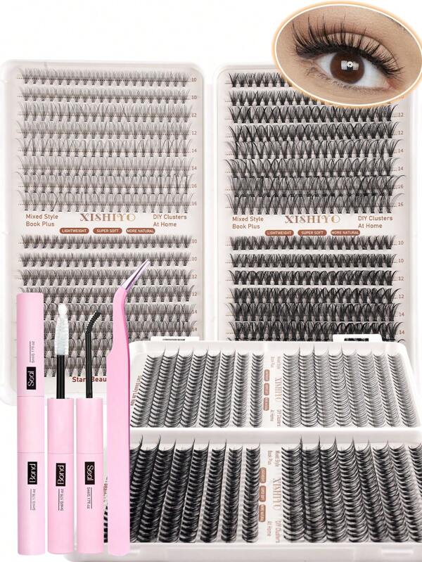Kit de extensão de cílios faça você mesmo com 640 peças - comprimentos mistos de 10 a 16 mm, com cachos de 10D, 20D, 30D e 40D, 50D, 60D, 80D e 100D, estilo olho de gato, cosplay, volume russo, estilos natural, grosso e dramático, incluindo cola adesiva e selante, pinça, ideal para iniciantes, espessura de 0,07 mm, curvatura em D, adequado para uso doméstico. Kit de cachos de cílios, cílios, cílios postiços