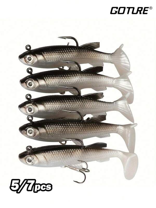 GOTURE Goture 5/7 pièces leurres de pêche souples, leurres nageurs type Shad et Minnow, leurres avec têtes de jig pré-montées, queues de pagaie. Pour bass, truite, doré, crapet, leurres de fond pour eau salée