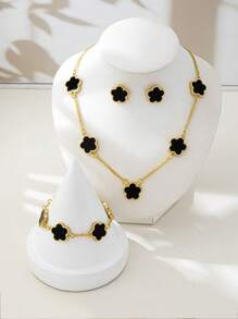 1 Set Women Jewelry Includes 1 Lucky Clover Pendant Necklace, 1 Bracelet, 1 Pair Earrings, Classic & Minimalist Design
