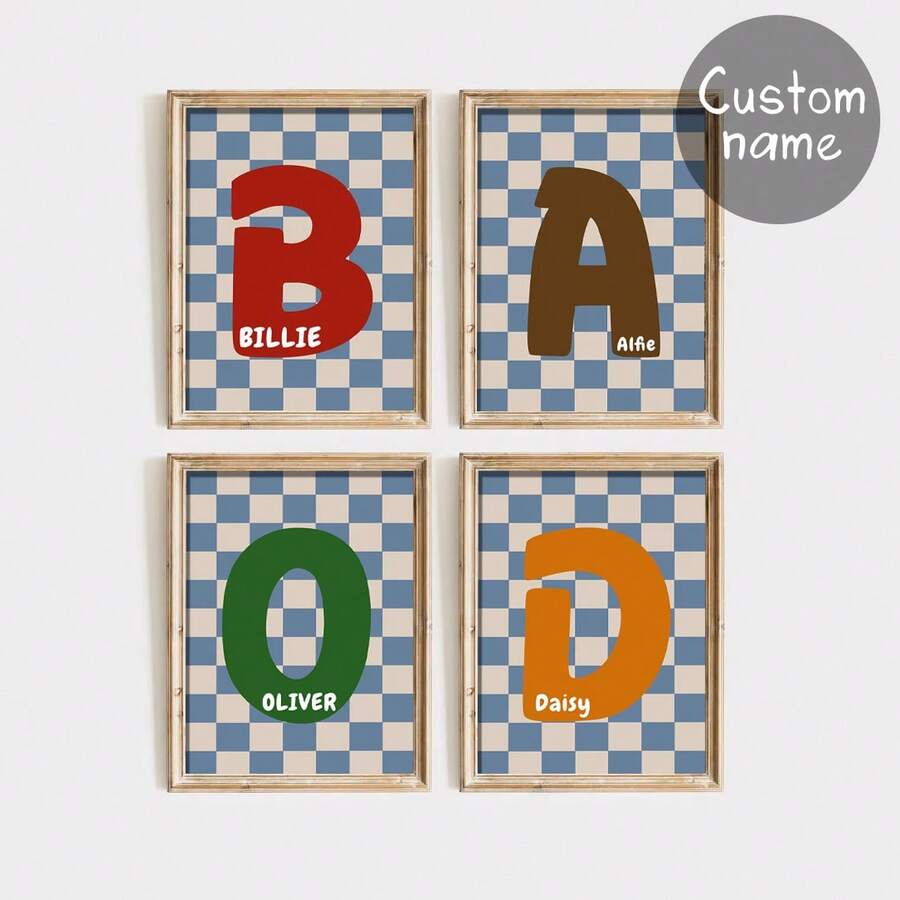 1pc, Custom Initials Printing, Personalized Plaid Poster, Baby Boy Room Decor, Baby Boy Gifts, Kids Room Wall Art, Wall Art Prints, Bedroom Decor, Unframed - Multicolor - View 1