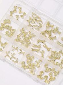 1 盒 60 件金属蝴蝶结指甲饰物、合金指甲蝴蝶结 3D 金色蝴蝶结指甲饰物、奢华闪亮蝴蝶结指甲饰物、美甲配件、美甲指甲 DIY 饰物、美甲用品、指甲、美甲宝石 - 金色 - 查看 3