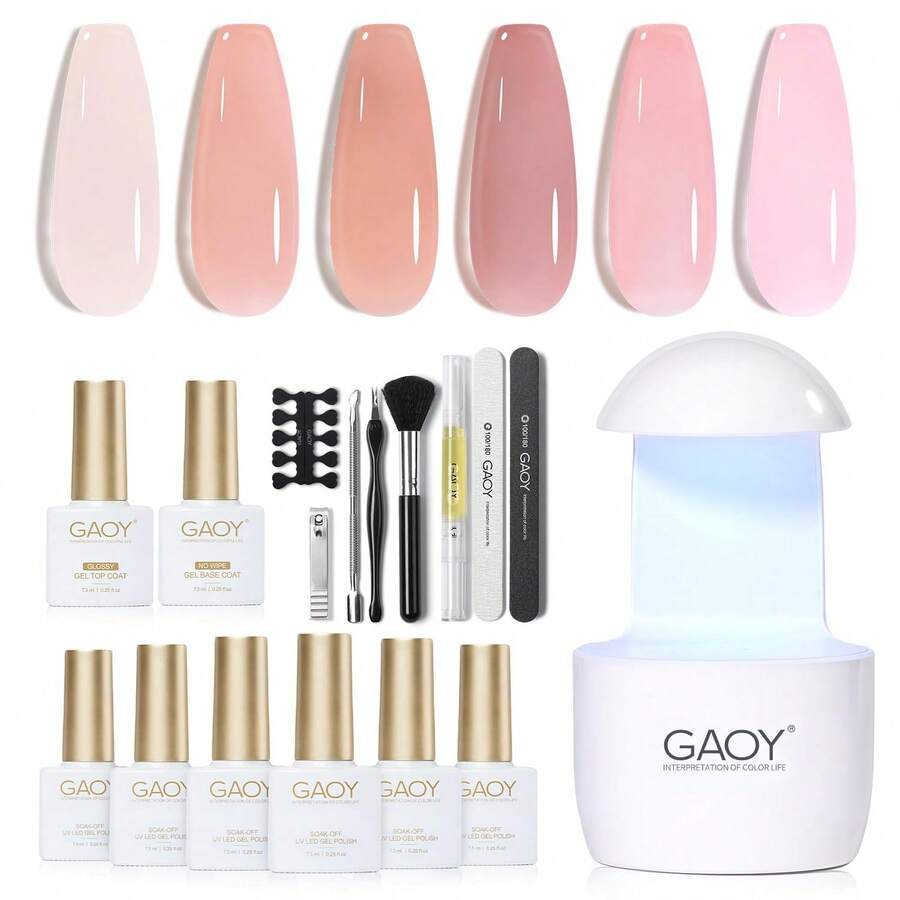 GAOY Gel Nail Polish Kit With UV Light For Beginners, 6 Colors Sheer Milky White Pink Orange, Gel Polish Kit With Top And Base Coat For Salon And Nail Art DIY At Home - Sheer Jelly Nude Pink - View 1