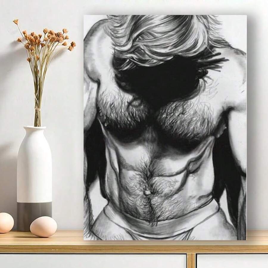 Framed Hairy Naked Guy Art Poster,Gay Art,S Exy Muscular Men (33) Canvas Painting Wall Art,Pictures,Cuadros Para La Sala,Dom Decor,Room Decor,Bathroom Decor,Painting,Made In The USA Products Home Decor And Accessories - Framed - View 1