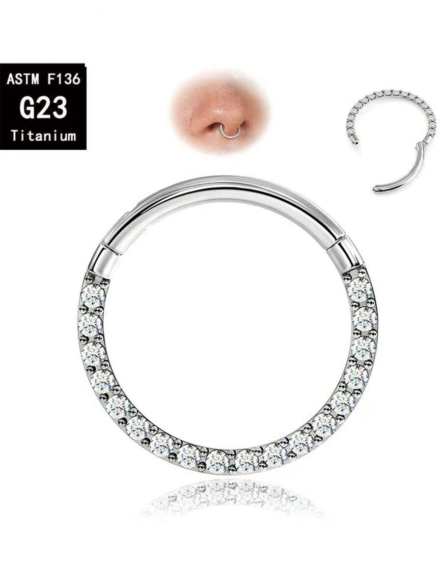 1pc Stainless Steel Zirconia Studded Nose Septum Ring, Shiny Nose Piercing Jewelry For Men And Women