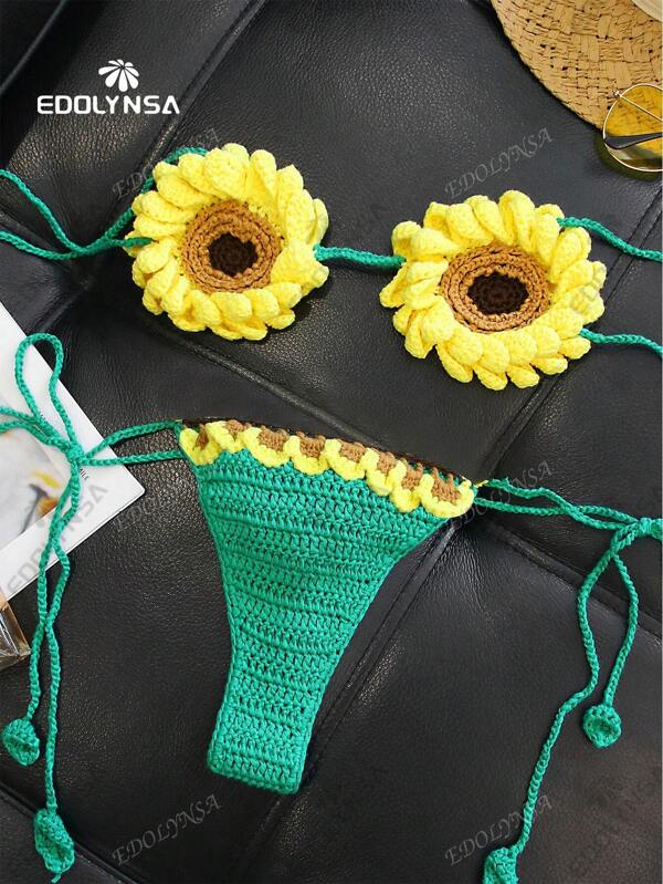 Sexy Knit Two Pieces Set 2025 Summer Yellow Sunflower Crochet Swimsuit Suit Sets Beach Wear Bikinis Cover-Ups Women Chic Bathing Suits