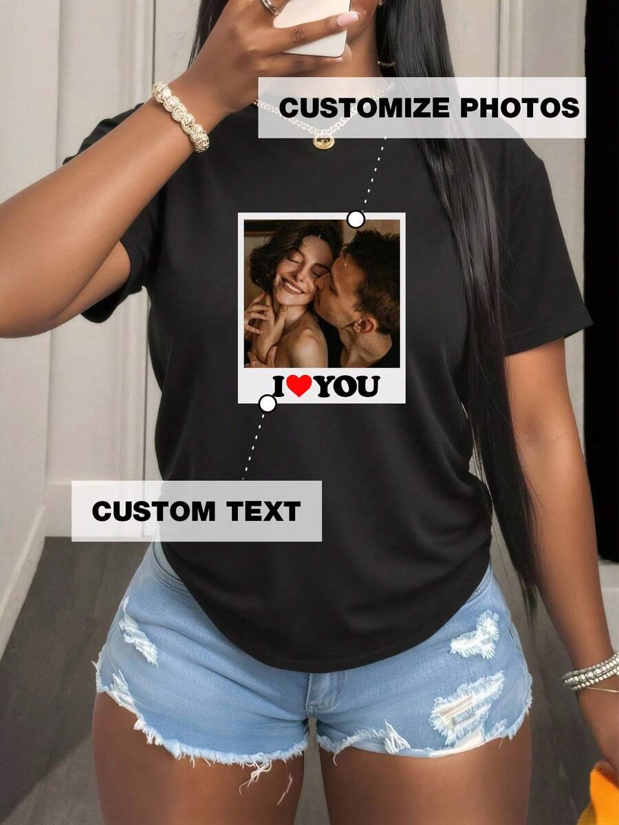 Customize Women's T-Shirts, Upload Your Favorite Text As A Print, With Text Print Designs On Both The Front And Back, Providing Personalized Gifts For Family, Friends, And Couples - Black - View 1