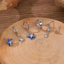 6 أزواج أقراط معدنية سوداء بتصميم نجمي وحلق أذن زركونيا، إكسسوارات حفلة عصرية للمرأة