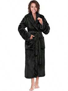 Women Robe Fleece Plush Soft, Fluffy Fuzzy Cozy Warm Lightweight Bathrobe, Shower Spa House Long Robe Women - màu đen - Xem 1