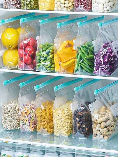 10/15/20/45pcs Set Self-Sealing Food Storage Bags, Thick Freezer Bags, Suitable For Refrigerator And Microwave, Reusable, Waterproof, Transparent Odor-Proof, With Easy-Slide Zipper, Prevent Freezer Burn, Extend Food Freshness, Convenient For Storing Fruits, Vegetables, Snacks, Etc.