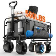 Large Collapsible Garden Cart With Brakes, Folding Utility Wagon With Big Wheels And Side Pocket Camping, Grocery, Gray - Grey - View 1