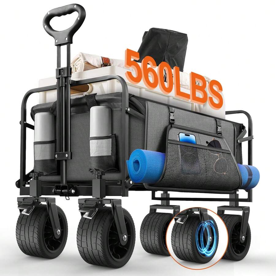 Large Collapsible Garden Cart With Brakes, Folding Utility Wagon With Big Wheels And Side Pocket Camping, Grocery, Gray - Grey - View 1