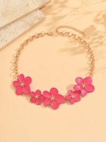 1pc Elegant Fuchsia Metal 3D Floral Decor Necklace, Fashion Thick Chain Neck Jewelry For Women Suitable For Everyday Wear And Music Festival, Length Can Be Adjusted