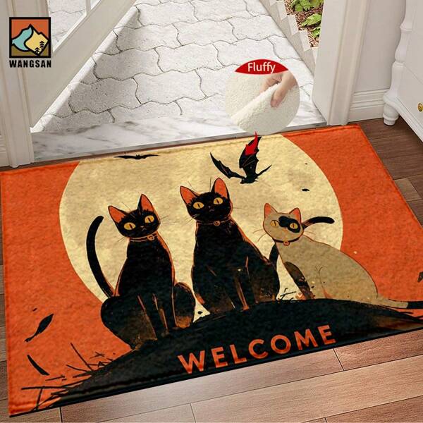 1pc Halloween Black Cat Bat Halloween Shoe Pattern Bathroom Anti-Slip Mat, Made Of Artificial Cashmere Material, With Fluffy Decoration, Suitable For Doors, Bathrooms, Kitchens And Other Occasions, Machine Washable, Anti-Slip, Daily Decoration, Can Be Given As A Gift