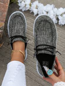 Women's Casual Gray Breathable Anti-Slip Canvas Shoes, Solid Color Pattern Canvas Material, Round Toe Elastic Lace-Up Easy On/Off Flat Sneakers, Lightweight Work Shoes - Grey - View 4