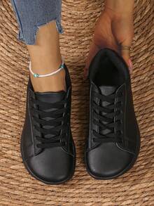 Plus Size Women's Minimalist Leather Front Lace-Up Barefoot Outdoor Sports Shoes, Casual Non-Slip Sneakers - Black - View 2
